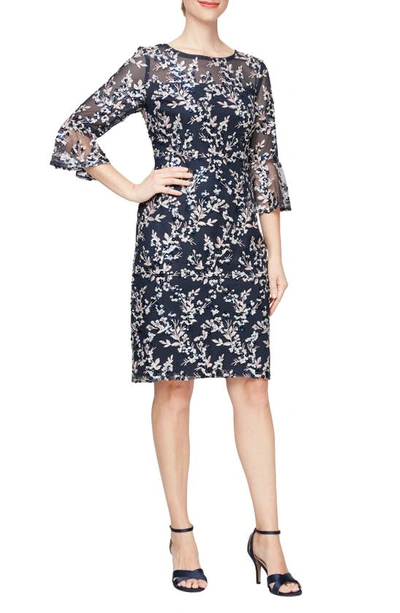 Shop Alex Evenings Floral Embroidered Sequin Sheath Dress In Navy/ Pink