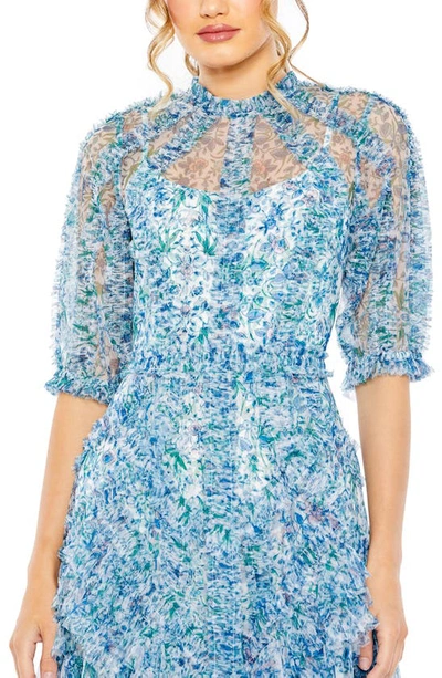 Shop Mac Duggal Floral Puff Sleeve Mesh A-line Dress In Blue Multi