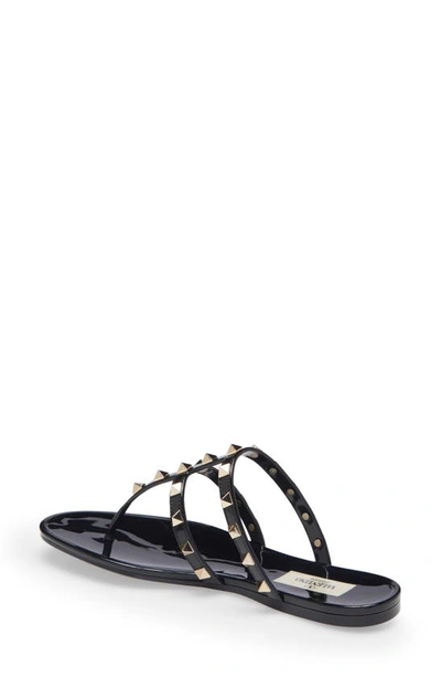 Valentino Rockstud T-strap Flat Slide Sandals In 0no Nero