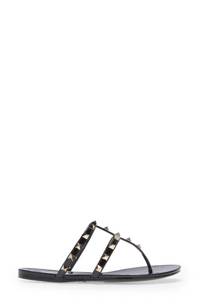 Valentino Rockstud T-strap Flat Slide Sandals In 0no Nero