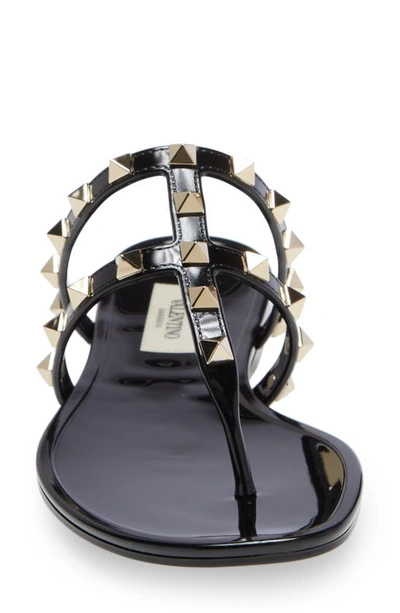Valentino Rockstud T-strap Flat Slide Sandals In 0no Nero