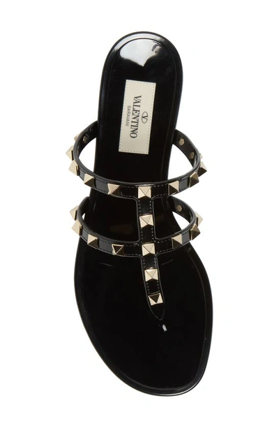 Valentino Rockstud T-strap Flat Slide Sandals In 0no Nero