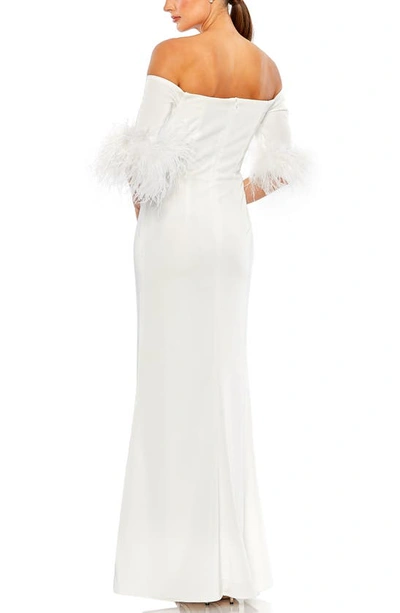Shop Mac Duggal Feather Trim Off The Shoulder Satin Trumpet Gown In White