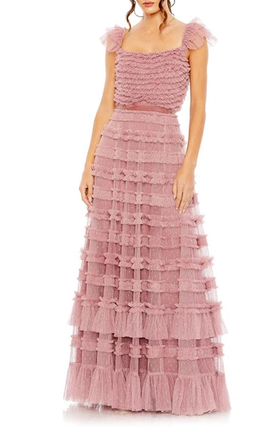 Shop Mac Duggal Tiered Ruffle Mesh Gown In Antique Rose