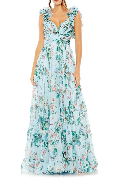 Mac Duggal Printed Chiffon Cut-out Lace-up Back Gown In Blue Multi