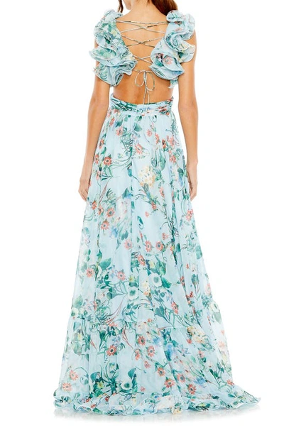 Mac Duggal Printed Chiffon Cut-out Lace-up Back Gown In Blue Multi