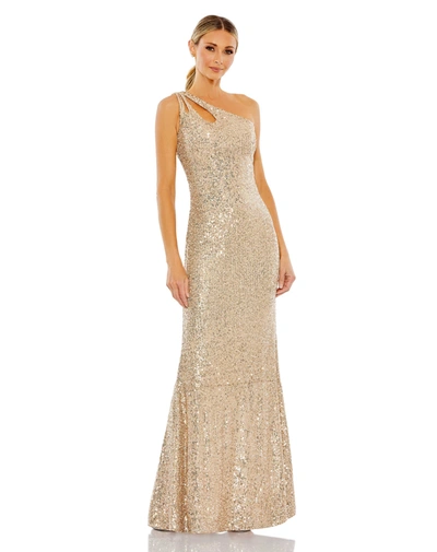 Shop Ieena For Mac Duggal Sequined Strappy One Shoulder Column Gown In Gold