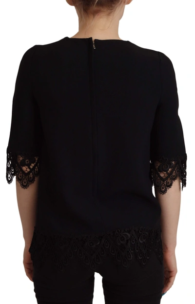 Shop Dolce & Gabbana Black Cady Lace Trim Bead Embellished Logo Women's Blouse