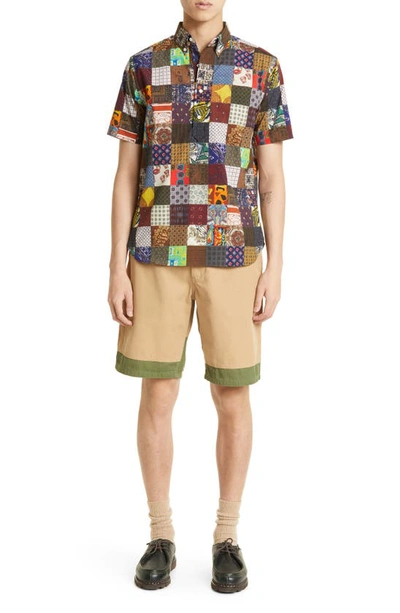 Shop Beams Patchwork Short Sleeve Button-down Popover Shirt In Brown Patchwork