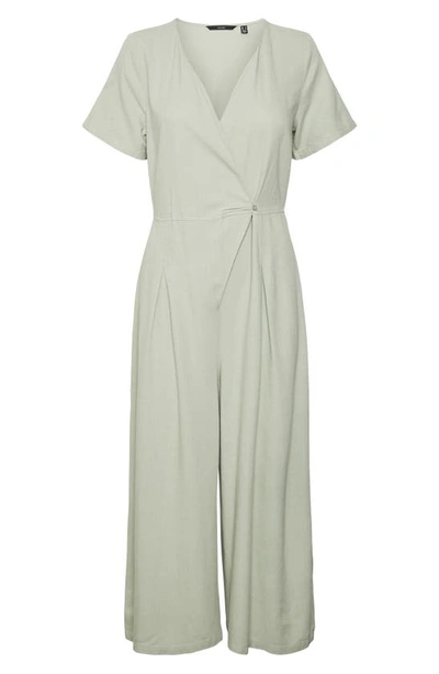 Shop Vero Moda Jesmilo Short Sleeve V-neck Linen Blend Jumpsuit In Desert Sage