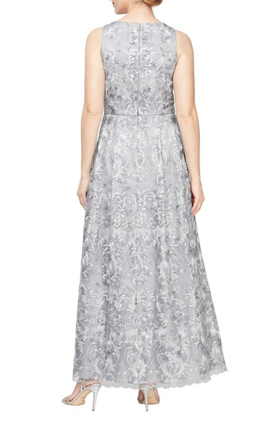 Shop Alex Evenings Embroidered Sleeveless Formal Gown With Mesh Shawl In Pewter Frost