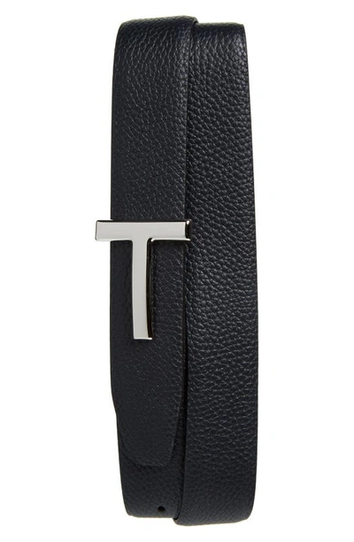 Shop Tom Ford T Icon Reversible Grained Leather Belt In Dark Navy/ Black