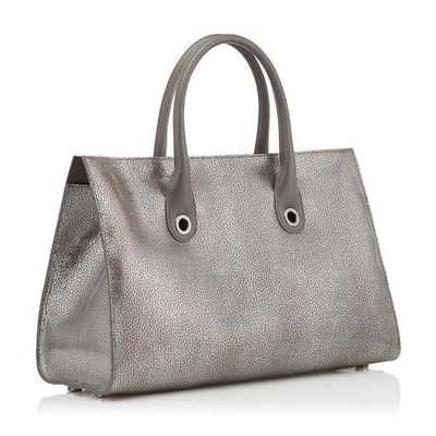 Shop Jimmy Choo Riley Navy Metallic Grainy Goat Leather Tote Bag In Platinum
