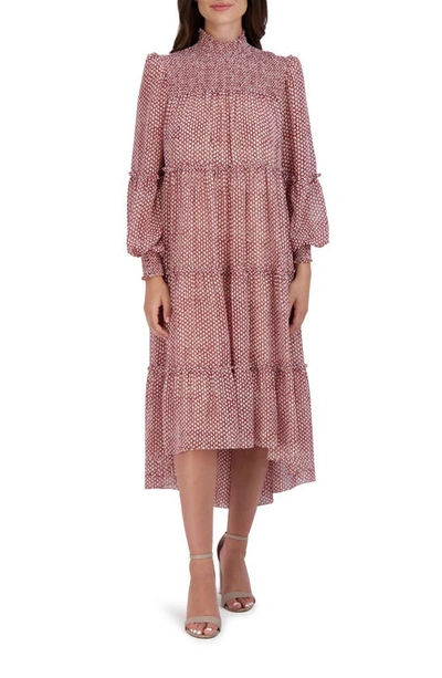 Julia Jordan Smocked Tiered Long Sleeve High-low Dress In Red/ Ivory