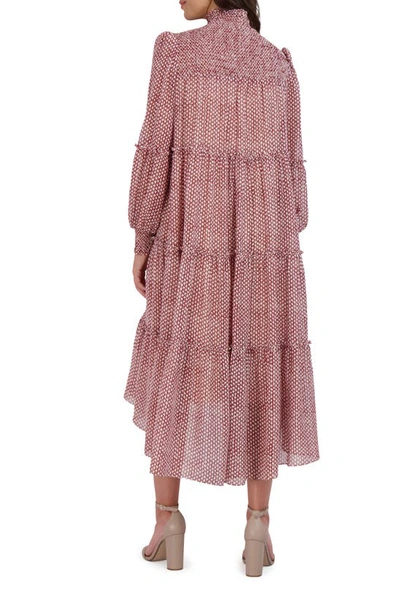 Julia Jordan Smocked Tiered Long Sleeve High-low Dress In Red/ Ivory