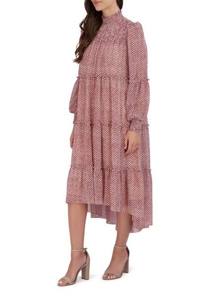 Julia Jordan Smocked Tiered Long Sleeve High-low Dress In Red/ Ivory