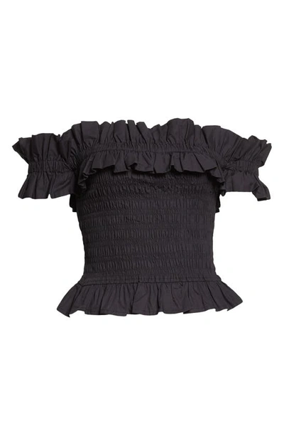 Shop Ganni Shirred & Smocked Off The Shoulder Organic Cotton Top In Black