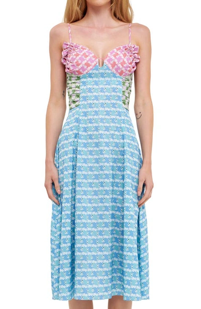 Shop English Factory Floral Satin Dress In Blue Multi