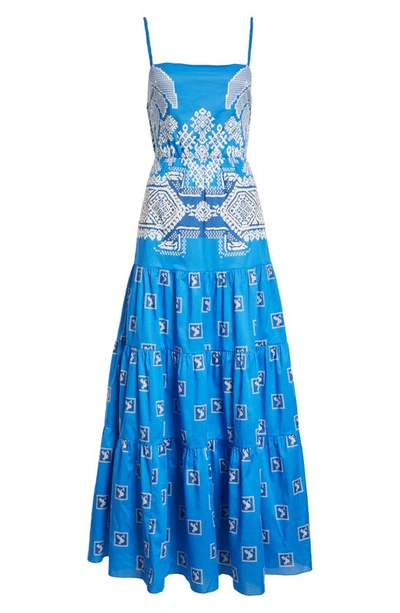 Shop Johanna Ortiz Amancay Mixed Print Cotton Maxi Dress In Andean Cobalt/ Ecru