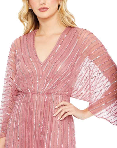 Shop Mac Duggal Beaded Striping Kimono Sleeve V Neck Gown In Rosewood