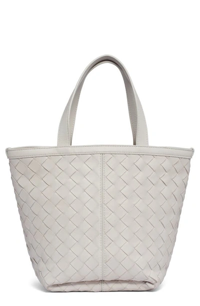 Shop Bottega Veneta Small Intrecciato Flip Flap Leather Tote Bag In 9104 Chalk-m Brass