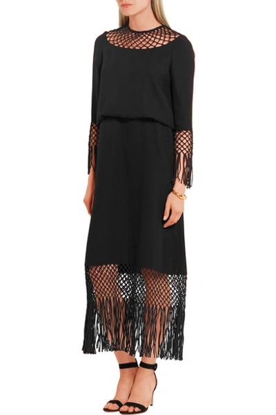Shop Valentino Fringed Macramé-paneled Silk-crepe Dress