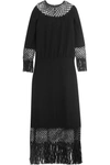 VALENTINO Fringed Macramé-Paneled Silk-Crepe Dress