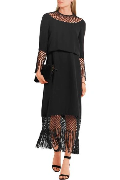 Shop Valentino Fringed Macramé-paneled Silk-crepe Dress