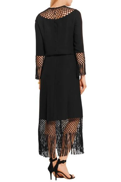 Shop Valentino Fringed Macramé-paneled Silk-crepe Dress