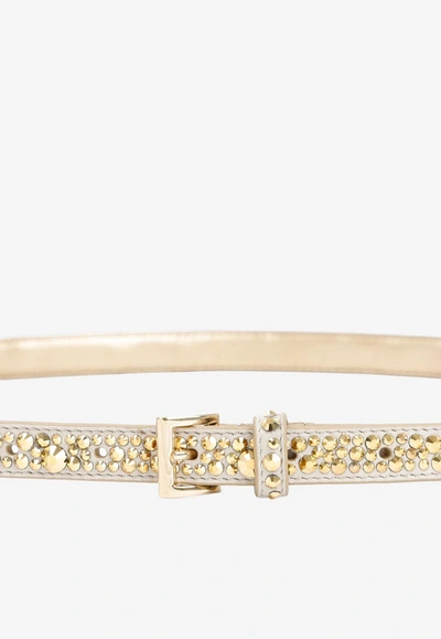 Shop Prada Crystal-embellished Slim Leather Belt In Gold