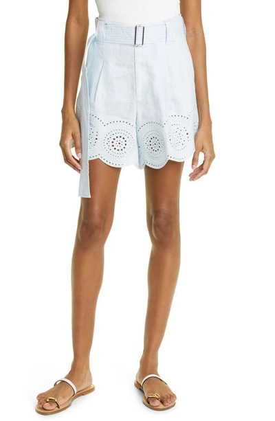 Shop A.l.c Milos Eyelet Detail Linen Shorts In Ice Water/ Ice Water