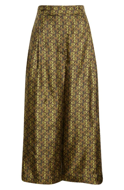 Shop Max Mara Moxa Geo Print Crop Wide Leg Silk Trousers In Olive Green