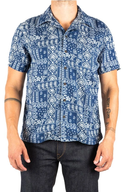 Shop Hiroshi Kato The Wrench Waffle Bandana Print Short Sleeve Button-up Camp Shirt In Blue Bandana