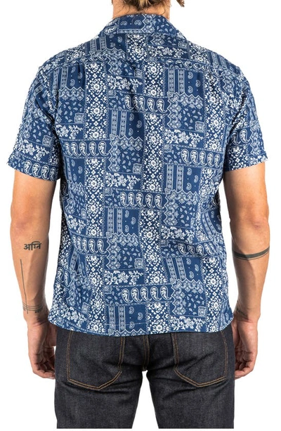 Hiroshi Kato The Wrench Waffle Bandana Print Short Sleeve Button-up Camp Shirt In Blue Bandana