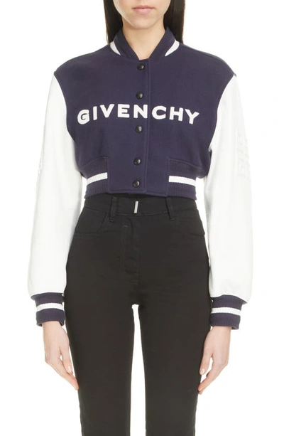 Shop Givenchy Leather Sleeve Logo Crop Varsity Jacket In Navy/ White