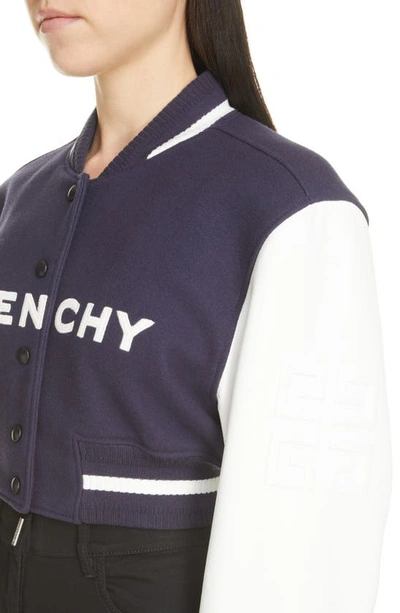 Shop Givenchy Leather Sleeve Logo Crop Varsity Jacket In Navy/ White