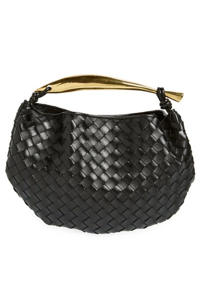 Shop Bottega Veneta Sardine Intrecciato Leather Top Handle Bag In 1019 Black-m Brass