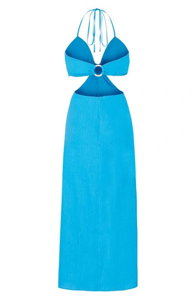 Shop Milly Oda Cutout Linen Blend Halter Maxi Dress In Sky Blue