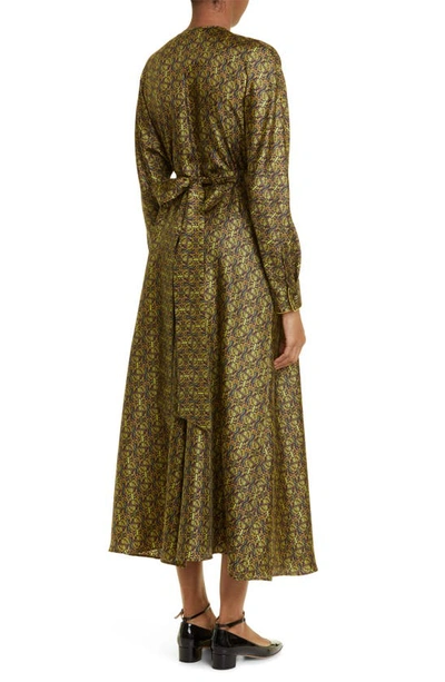 Shop Max Mara Corone Geo Logo Print Long Sleeve Silk Wrap Dress In Olive Green
