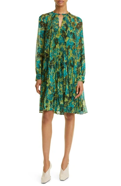 Shop Max Mara Pina Floral Pleated Long Sleeve Shift Dress In Green