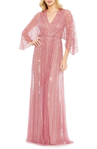 Mac Duggal Beaded Stripe Mesh A-line Gown In Rosewood