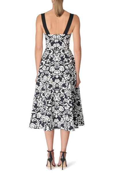 Shop Carolina Herrera Floral Asymmetric Bow Detail Midi Dress In Black/ White