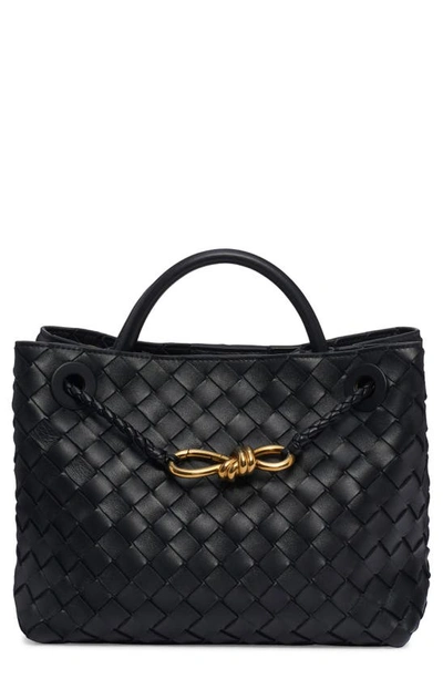 Shop Bottega Veneta Small Andiamo Intrecciato Leather Shoulder Bag In 1139 Black-m Brass-black