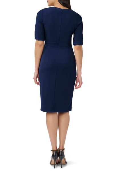 Shop Adrianna Papell Pleated Imitation Pearl Trim Crepe Sheath Dress In Navy Sateen