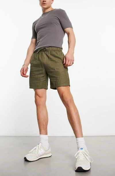Shop Asos Design Slim Fit Linen Blend Shorts In Khaki