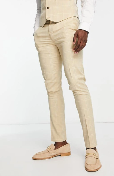 Shop Asos Design Skinny Windowpane Suit Trousers In Stone