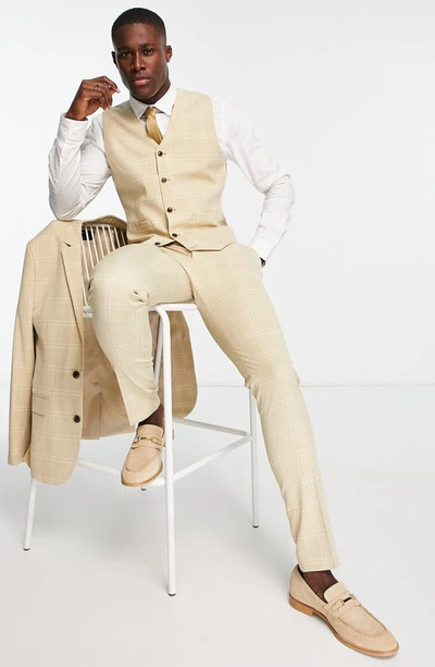 Asos Design Skinny Suit Pants In Stone Windowpane Check-neutral In Stone
