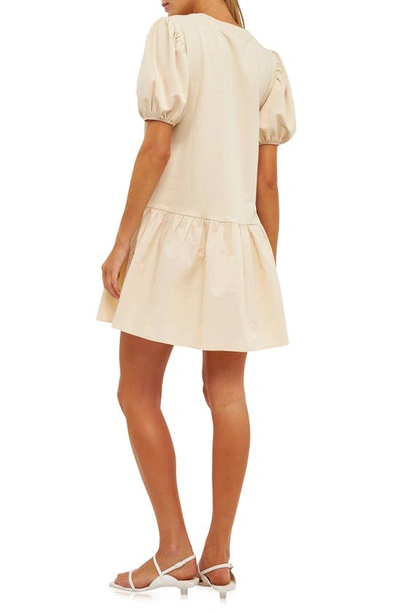 English Factory Puff Shoulder Mixed Media Minidress In Taupe