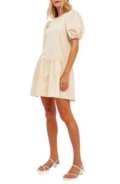 English Factory Puff Shoulder Mixed Media Minidress In Taupe