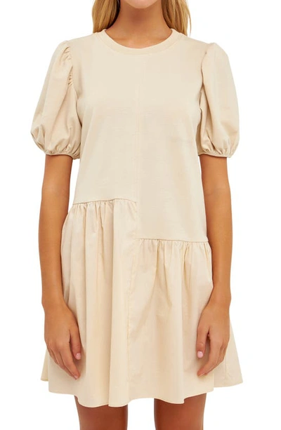 English Factory Puff Shoulder Mixed Media Minidress In Taupe